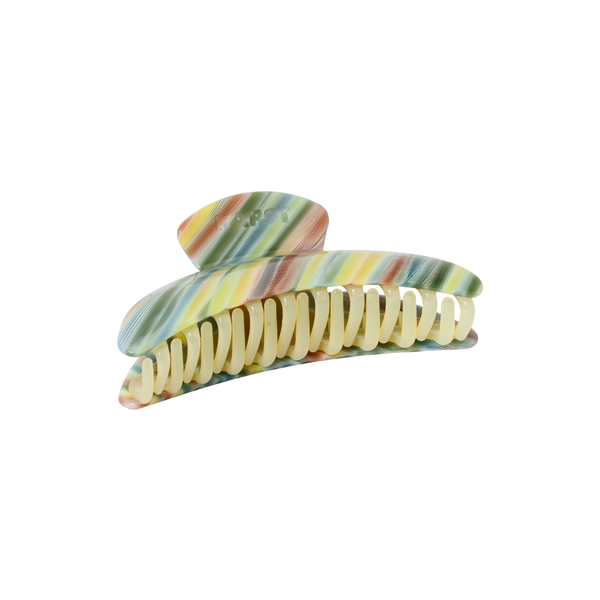 A hair claw clip with a marbled, striped pattern in pastel shades of green, yellow, orange, and blue, featuring cream-colored internal springs, shown on a plain white background.