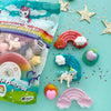Unicorn-themed play dough kit with colorful play dough shapes on a turquoise background