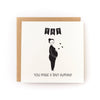 Greeting card with a black and white illustration of a pregnant person and text on a white background