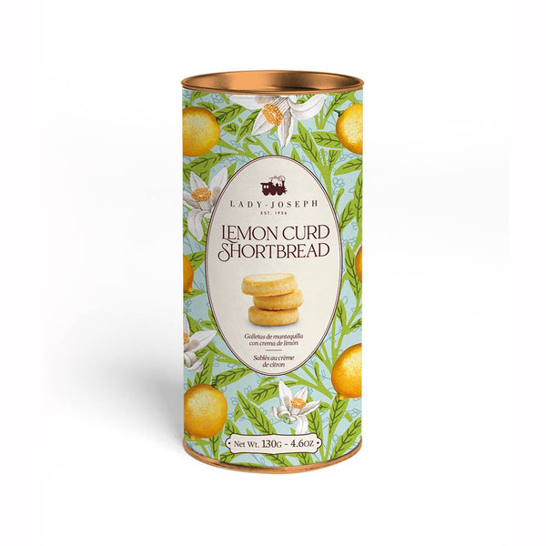 Canister of Lady Joseph Lemon Curd Shortbread on a white background