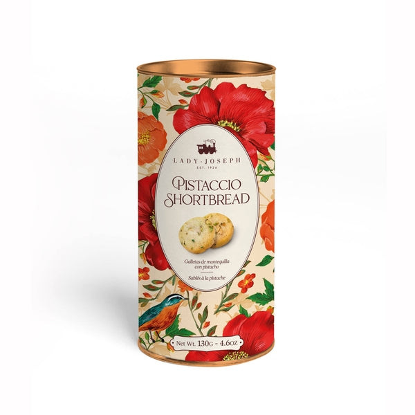 Canister of Lady Joseph Pistaccio Shortbread with floral design on a white background.
