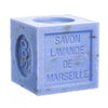 Cube-shaped lavender Marseille soap on a white background