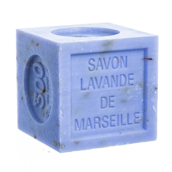 Cube-shaped lavender Marseille soap on a white background