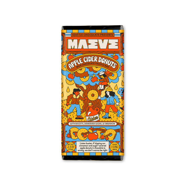 A packaged chocolate bar labeled MAEVE Apple Cider Donuts, featuring a colorful retro-style illustration on a white background.