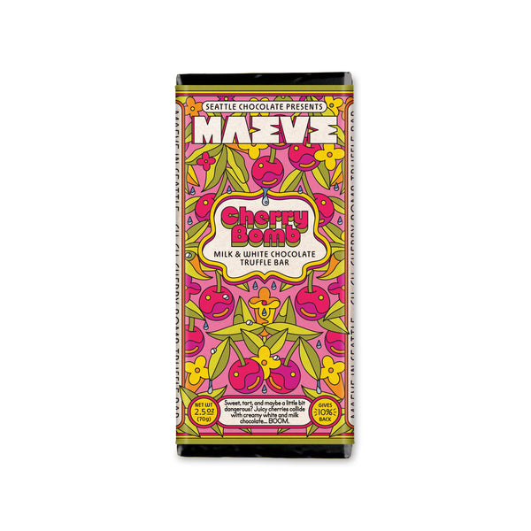 Cherry Bomb truffle bar packaging with colorful design on a white background