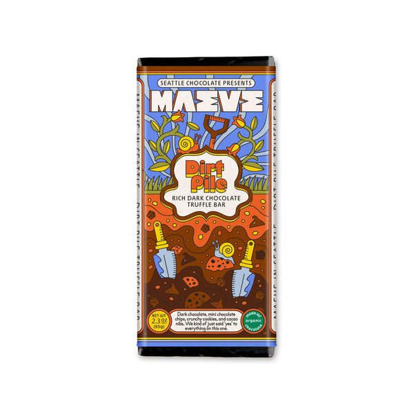 Seattle Chocolate Maeve Dirt Pile dark chocolate truffle bar packaging on a white background