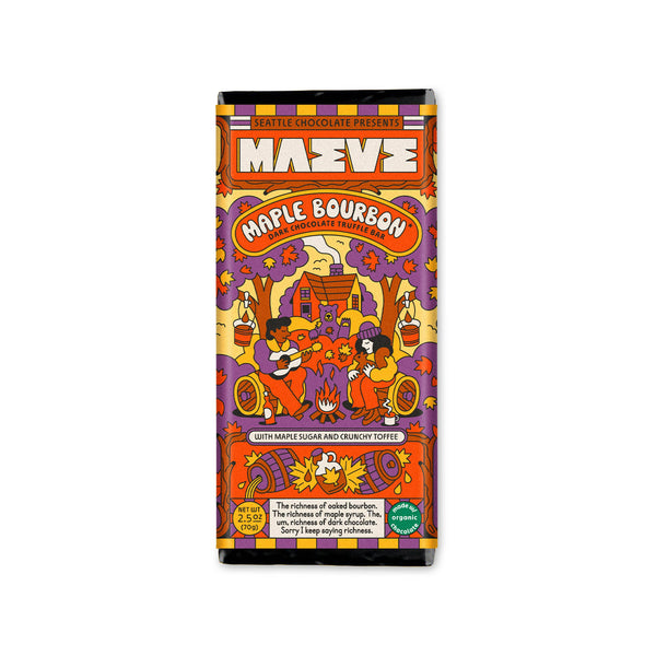 A single chocolate bar package labeled Maeve Maple Bourbon, featuring a colorful illustrated label with autumn and bourbon-themed artwork on a plain white background.