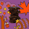 Stack of broken pieces of chocolate bar with autumn-themed elements on a purple background