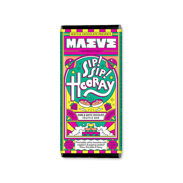 Colorful packaging of a chocolate truffle bar with text on a white background