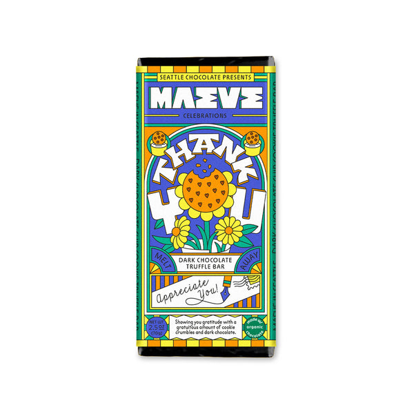 Colorful packaging of a dark chocolate truffle bar with artistic design on a white background