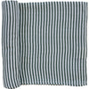 A partially unrolled muslin swaddle blanket in dark green and white stripes against a white backdrop.