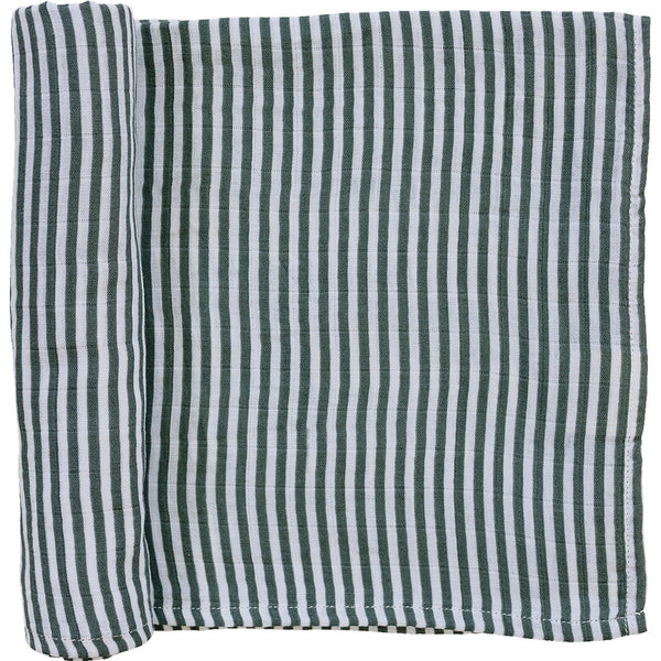A partially unrolled muslin swaddle blanket in dark green and white stripes against a white backdrop.