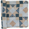 A partially unrolled muslin swaddle blanket with a blue, brown and white patchwork quilt print on a white backdrop.