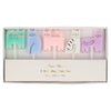 Set of five colorful cat-shaped birthday candles in a box with 'Meri Meri' branding.