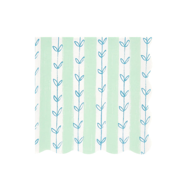Wavy-edged paper napkin featuring a blue leaf pattern with green and white stripes on a white background