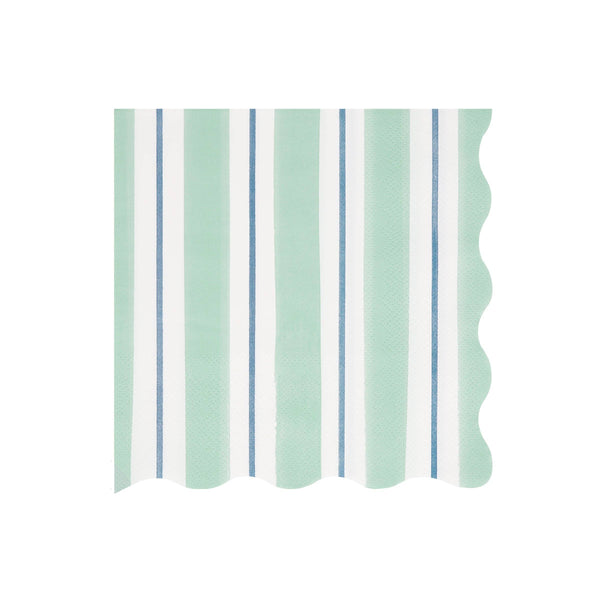 Wavy-edged paper napkin with green, white, and blue stripes on a white background
