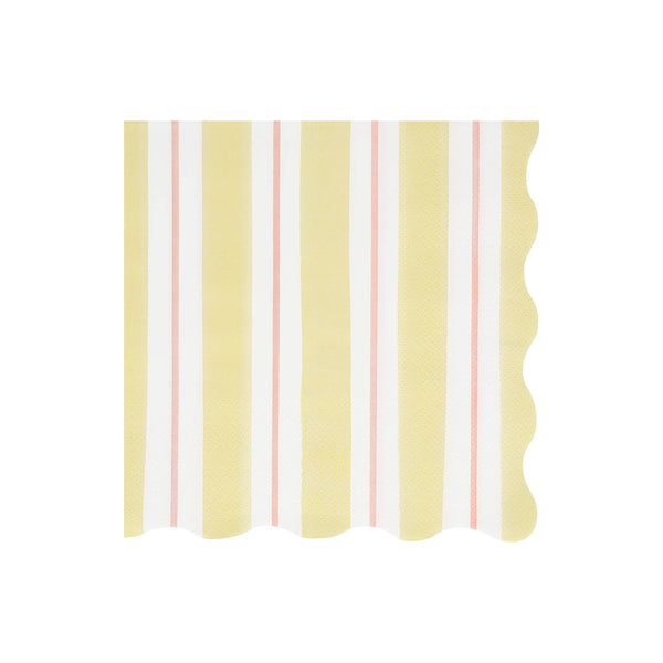 Wavy-edged paper napkin with yellow, pink, and white stripes on a white background