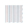 Wavy-edged paper napkin with blue, red, and white striped pattern on a white background