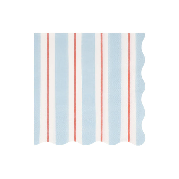 Wavy-edged paper napkin with blue, red, and white striped pattern on a white background