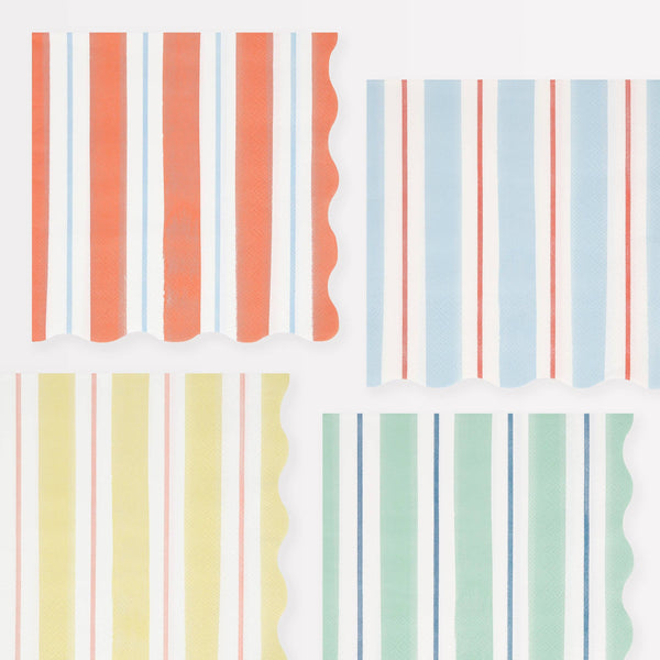 Set of colorful striped wavy-edged paper napkins in four different colors on a white background