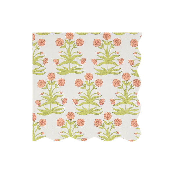 Floral patterned wavy-edged paper napkin with pink-orange flowers and green leaves on a white background