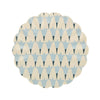 Round wavy-edged small plate with geometric blue floral pattern on a white background
