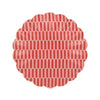 Round red and pink patterned small plate with a wavy edge on a white background