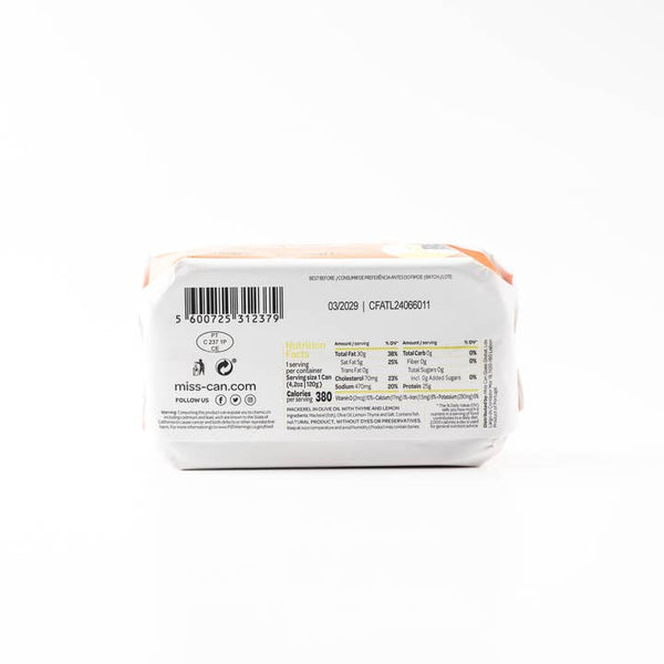 Branding and nutritional information on a tin of mackerel against a white background.