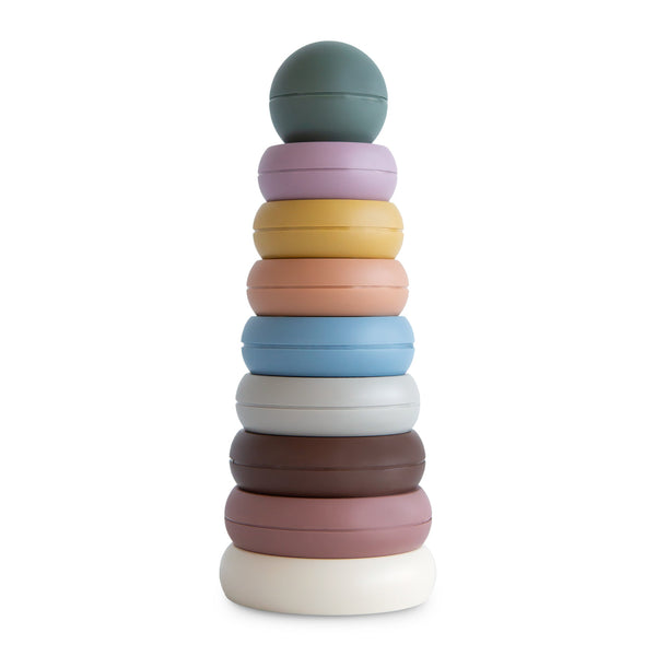 Stack of colorful rings on a white background