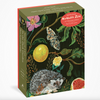 Puzzle box cover with hedgehog, butterfly, and floral design on a dark background