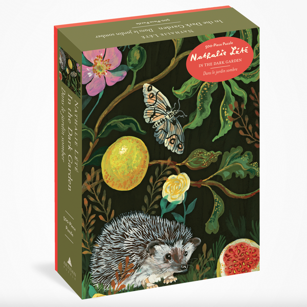 Puzzle box cover with hedgehog, butterfly, and floral design on a dark background