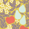 Pattern of apples, pears, and flowers on a yellow background