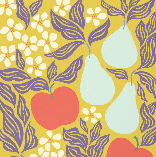 Pattern of apples, pears, and flowers on a yellow background