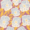 Pattern of blue and white flowers with yellow leaves on a purple background