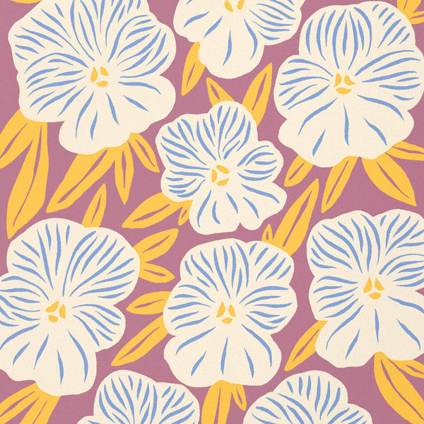 Pattern of blue and white flowers with yellow leaves on a purple background