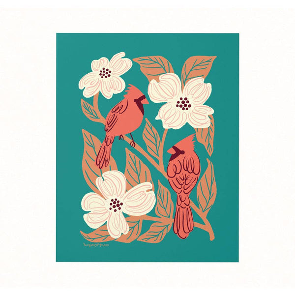 Illustration of two red cardinals on a branch with white dogwood flowers on a teal background
