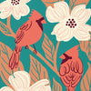 Cardinal birds and flowers on a teal background