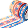 Set of three colorful floral washi tape rolls on a white background