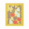 Decorative print with apples, pears, and leaves on a yellow background