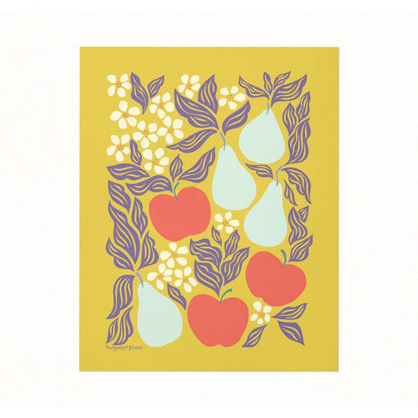 Decorative print with apples, pears, and leaves on a yellow background