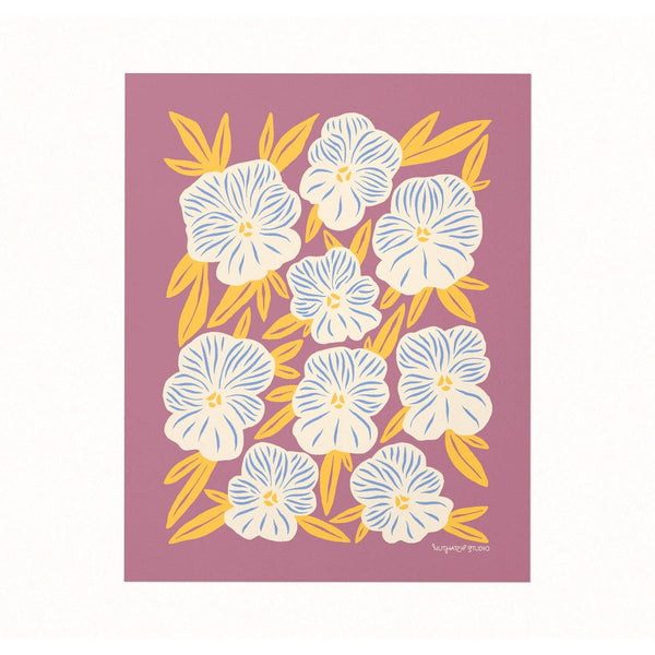 Floral pattern with white pansy flowers and yellow leaves on a mauve background