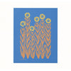 Print of yellow sunflowers with orange stalks on a blue background