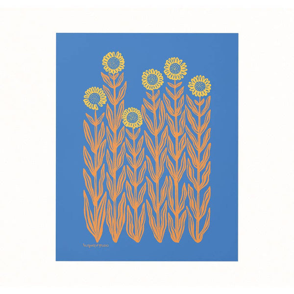 Print of yellow sunflowers with orange stalks on a blue background