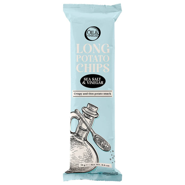 Packaged long potato chips with sea salt and vinegar flavor on a light blue background