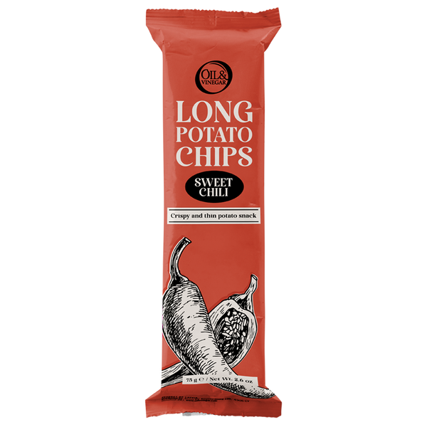 Red package of Oil & Vinegar sweet chili long potato chips on a white background