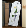 A pressed flower bookmark from Page Petal, featuring a white packaging holding the bookmark with pressed green ferns, purple flowers, and a yellow daisy, displayed leaning against a row of vintage books. 