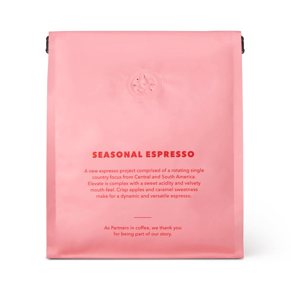 Pink packaging of Seasonal Espresso with text on a white background