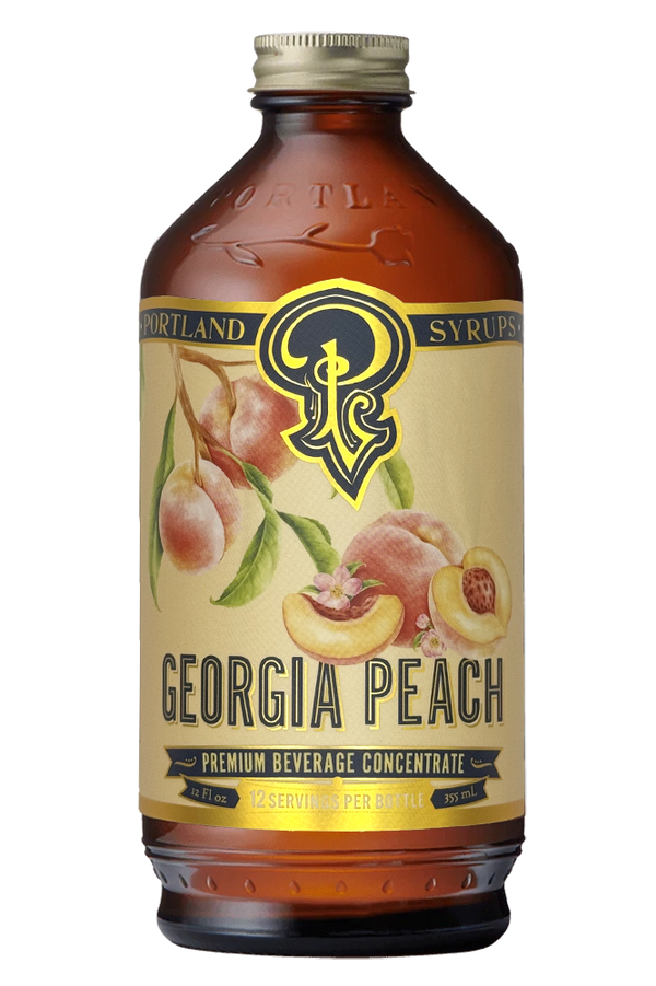 Bottle of Georgia Peach premium beverage concentrate by Portland Syrups.