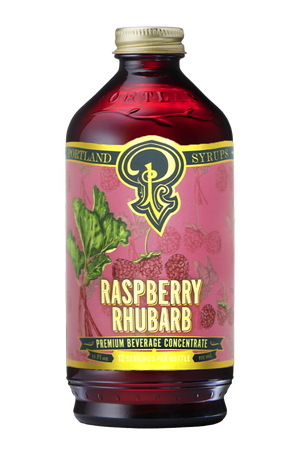 Bottle of Raspberry Rhubarb premium beverage concentrate by Portland Syrups.