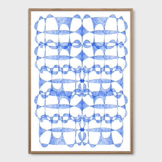 A wood-framed rectangular print of a blue and white abstract design against a white wall.
